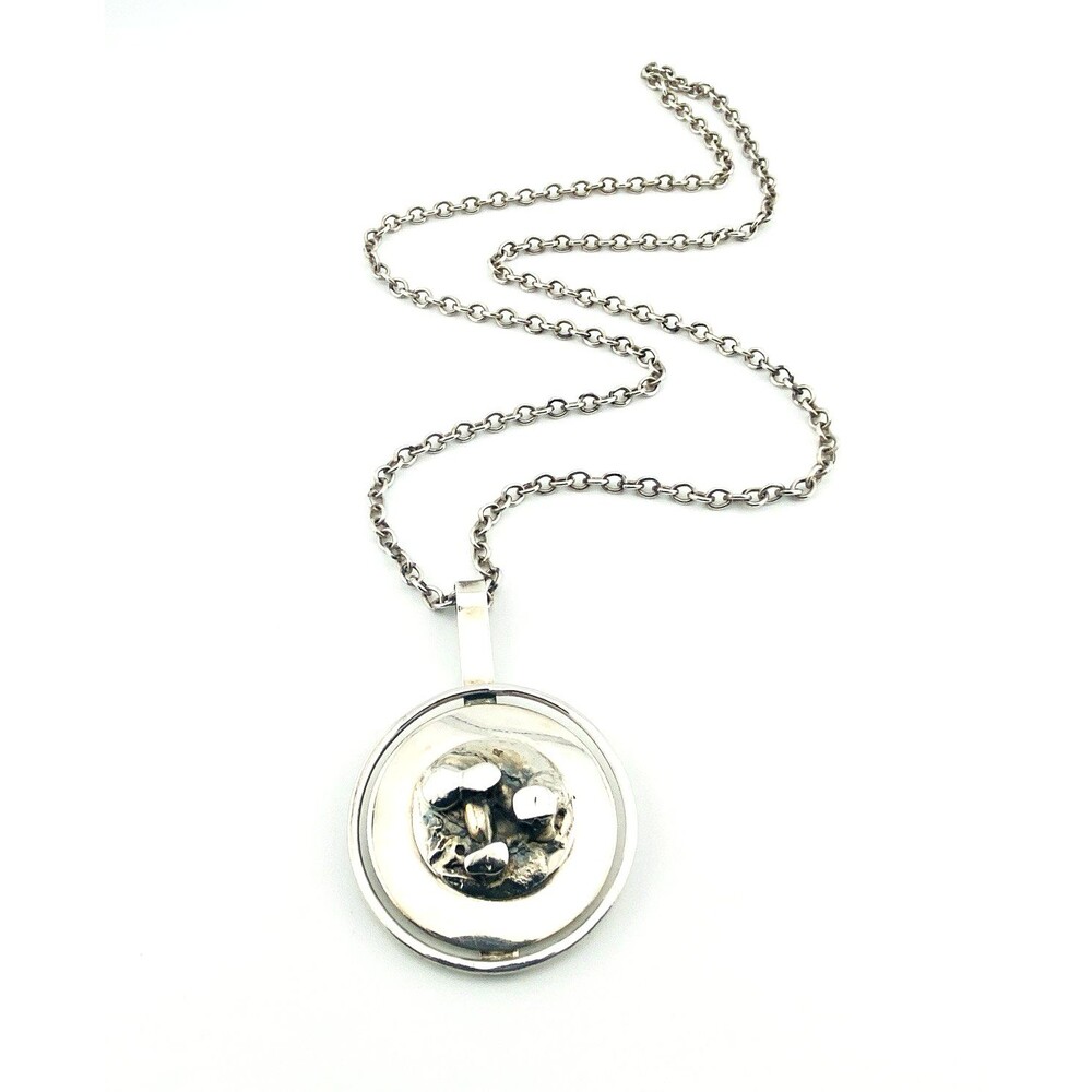 Dansk Smykkekunst Brutalist Pendant Necklace Denmark MCM Silver Tone 27" Signed